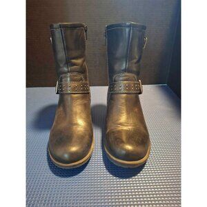 Black Leather Studded Mid-Calf Boots With Side Zipper & Buckle Accents Size 8